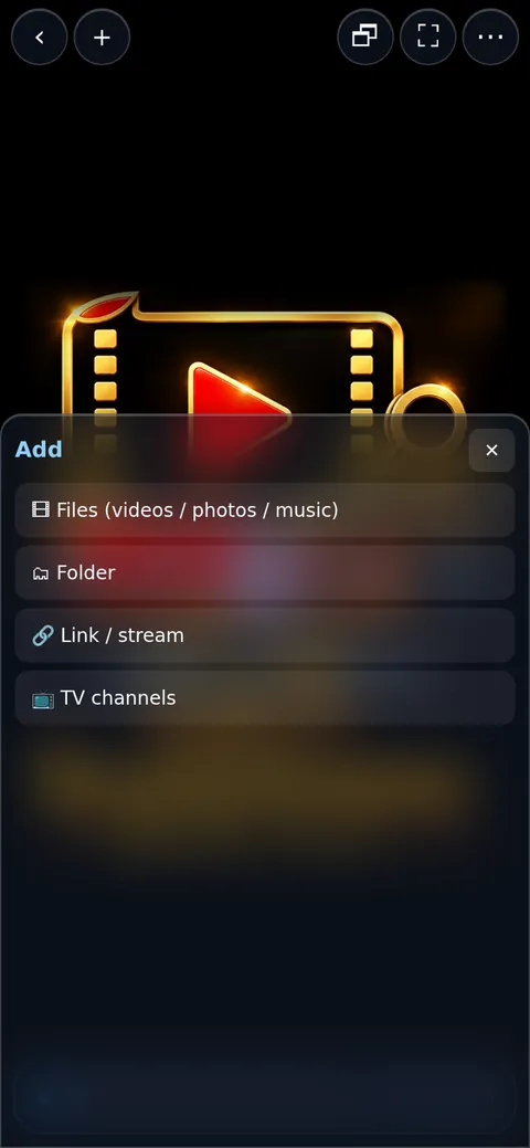The ＋ menu: Files, Folder, Link, TV channels
