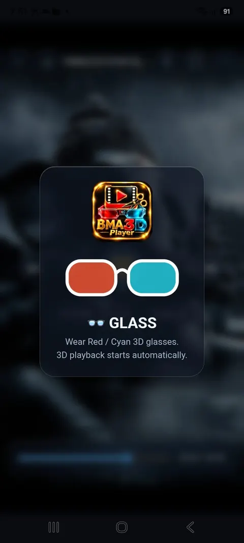Tapping 3D shows the GLASS notice: wear red / cyan glasses