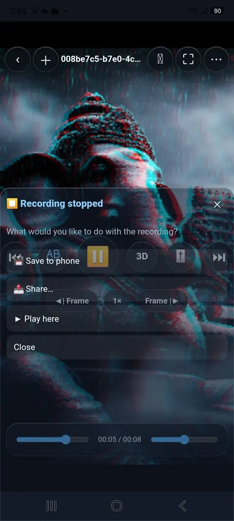 Recording stopped: Save to phone / Share / Play here
