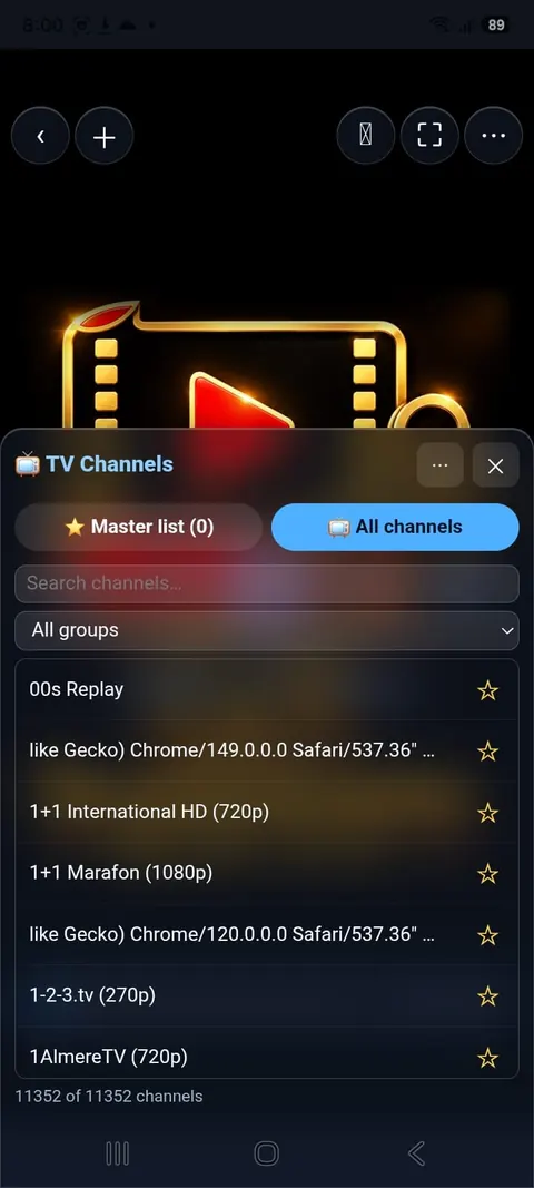 The All channels list (the count “N of M channels” is at the bottom)
